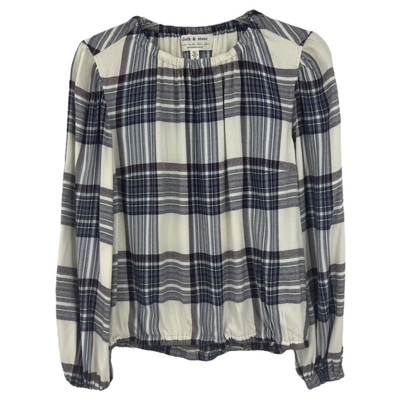 Anthropologie Cloth & Stone XS Glacier Plaid Blouse White Blue Check - Picture 2 of 9